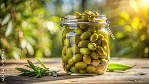 A photo of green olives preserved in a glass jar isolated on white