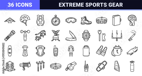 Outdoor Adventure and Extreme Sports Equipment Linear Symbols in Minimalist Monoline Style Featuring Technical Gear for High-Altitude and Water Activities.