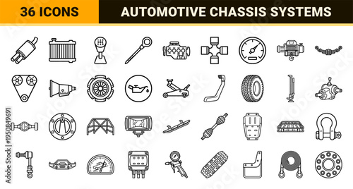 Technical Automotive Drivetrain and 4WD Engineering Symbols featuring Monoline Chassis Parts and Mechanical Components in Minimalist Outline Art