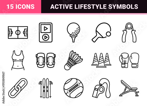 Professional Minimalist Sports and Athletic Training Technical Line Symbols. Sophisticated Monoline Geometric Fitness and Wellness Equipment Elements.