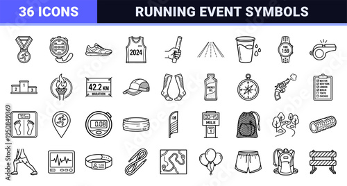Marathon Race and Athletics Event Monoline Outline Symbols, Technical Sport Graphics for Competitive Running and Track Field Championships
