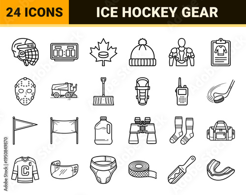 Professional Winter Sports and Ice Hockey Monoline Symbols for Athletic Interface Design and Team Management Applications