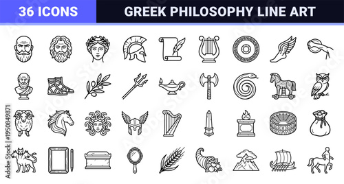 Ancient Greek Culture and Philosophy Monoline Symbols featuring Socrates Aristotle and Parthenon Architecture for Educational Graphic Design