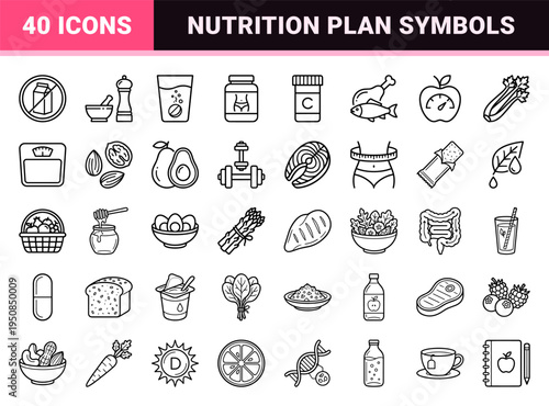 Diet and Nutrition Monoline Symbols for Healthcare Apps and Wellness Journals, Minimalist Linear Style for Weight Management and Healthy Eating