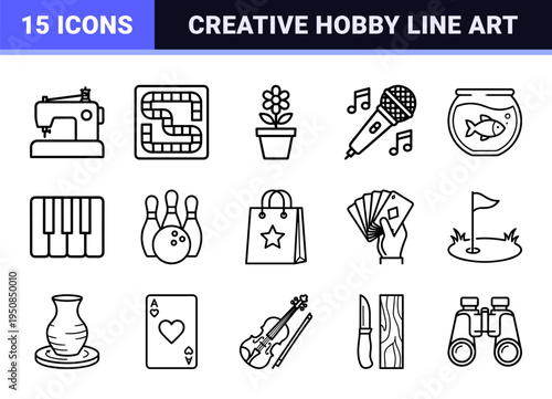 Minimalist Monoline Hobbies and Free Time Activity Line Art Symbols Featuring Clean Vector Outlines for Web Interface and App Navigation Design
