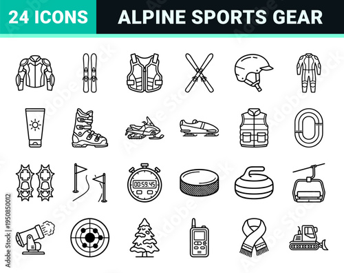 Winter Sports Equipment Monoline Symbols Minimalist Technical Line Art for Alpine Athletics Hockey and Skiing UI Design