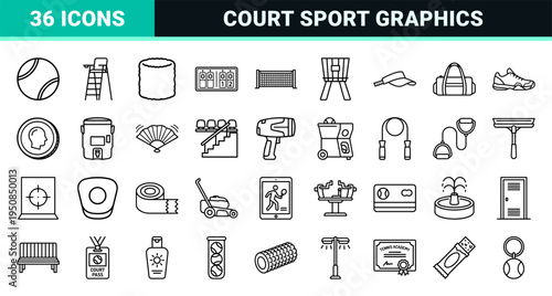 Pro Tennis Equipment and Tournament Outline Symbols featuring Monoline Racket and Ball Graphics for Sports Apps and Club Signage