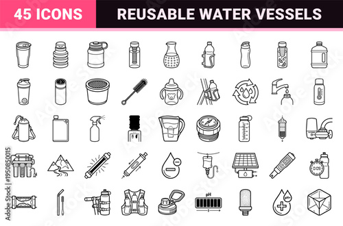 Sustainable Hydration and Water Filtration Monoline Symbols featuring Reusable Bottles, Purifiers, and Wellness Tracking Design Elements