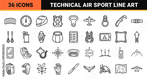 Extreme Air Sports Equipment Monoline UI Symbols for Skydiving Paragliding and Aerial Adventure Apps in Minimalist Technical Aesthetic