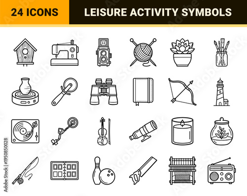 Professional Leisure and Lifestyle Hobby Line Art Symbols Featuring Monoline Geometry for Creative Projects and Digital Application Design.