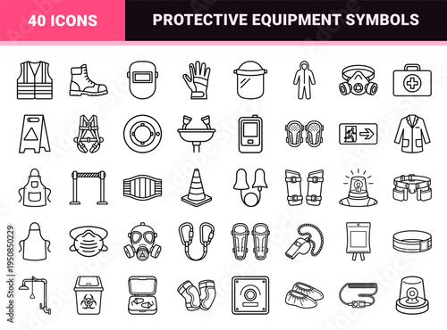 Industrial Safety Equipment and Protective Eyewear Monoline Assets. Technical Minimalist Outline Symbols for Workplace Security and Health.
