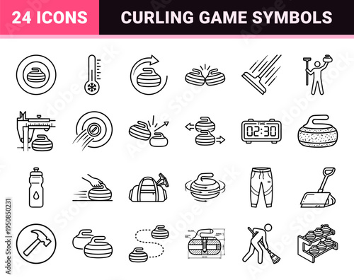 Professional Curling Winter Sports Monoline Outline Symbols Featuring Granite Stones, Brooms, and Rink Tactics in a Minimalist Vector Grid