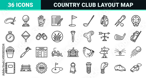 Professional Golf Equipment Monoline Symbols for Tournament Signage and Sports App Interface Design Featuring Minimalist Course Elements