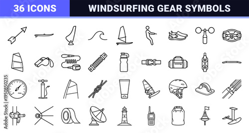Professional Windsurfing and Extreme Water Sports Monoline Symbols featuring Technical Equipment and Nautical Navigation Elements in Clean Line Art