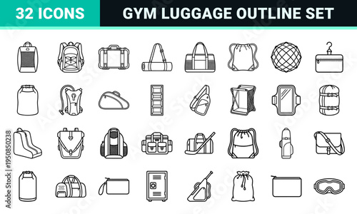 Athletic Gear and Sports Bag Technical Line Art. Minimalist Monoline Symbols for Fitness Equipment, Gym Luggage, and Training Accessories.
