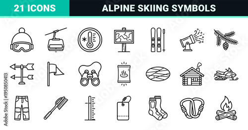 Minimalist Alpine Winter Sports Line Art Symbols for Resort Navigation and Outdoor Equipment Interface Design in Technical Monoline Style