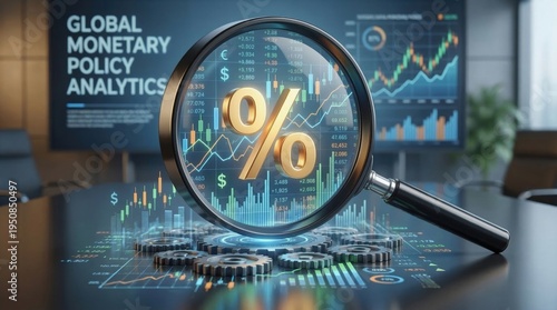 Monetary Policy Interest Rate Hikes concept. Magnifying glass highlighting percent symbol amid global monetary policy charts.