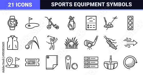 Professional Golf Equipment and Course Navigation Line Art Symbols Featuring Monoline Aesthetic for Tournament Branding and App Interface