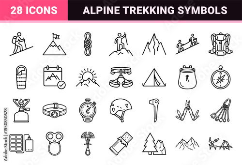 Professional Alpinism and Mountain Climbing Minimalist Line Art Symbols for Outdoor Adventure Branding and Technical Trekking Interface Design.