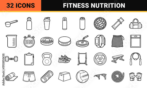 Fitness Nutrition and Hydration Gear Line Art; Minimalist Supplement Shaker and Gym Equipment Outline Symbols for Commercial Health Design