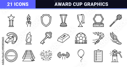 Professional Achievement Line Symbols Featuring Minimalist Trophy Cups and Victory Medals for Corporate Awards and Sports Championship Branding