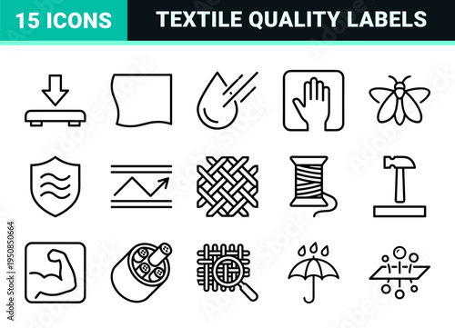 Technical Textile Performance Symbols and Fabric Care Indicators in Minimalist Monoline Aesthetic for Industrial Quality Assurance Standards