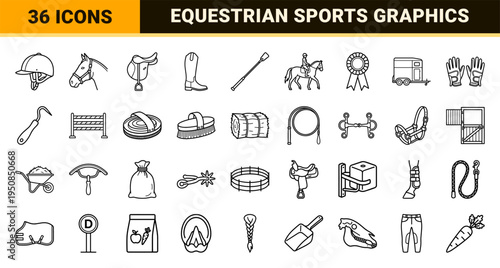 Equestrian Sports and Horse Riding Monoline Symbols featuring Minimalist Outline Visuals for Professional Training and Stable Management Graphics