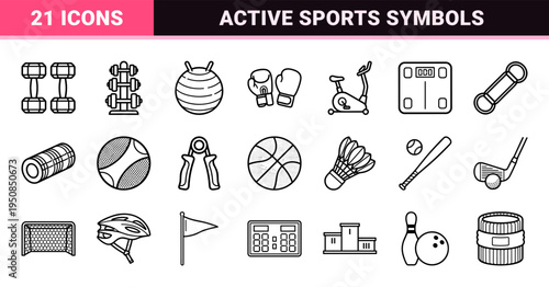 Professional Athletic Training and Competitive Sports Monoline Symbols Featuring Minimalist Black Outlines for Fitness App and Web Interface Design