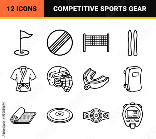 Professional Monoline Sports Equipment Symbols featuring Minimalist Technical Line Art for Athletic Training and Global Competition Branding