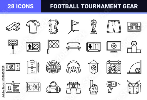 Soccer Tournament Management and Sports Broadcasting Outline Symbols with Minimalist Monoline Aesthetic for Professional League Branding