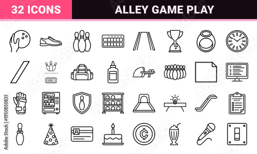 Professional Bowling Alley Technical Monoline Symbols featuring Tournament Equipment and League Sports Gear in Sleek Minimalist Outlines