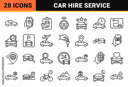 Car Rental and Urban Taxi Service Navigation Symbols Featuring Technical Monoline Design for Mobile App Interface and Transportation Wayfinding.