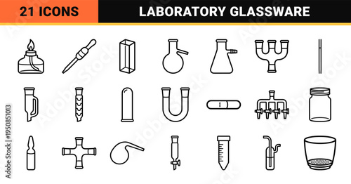 Scientific Laboratory Glassware Monoline Outline Symbols. Professional Chemistry Equipment in Minimalist Technical Vector Style for Research.