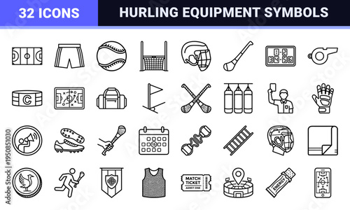 Hurling and Gaelic Sports Neo-Line Art Symbols Featuring Professional Monoline Equipment and Field Gear for Match Analysis and Coaching.