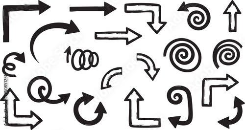 Hand-Drawn Doodle Arrows Vector Set – Curved, Spiral & Directional Arrow Clipart