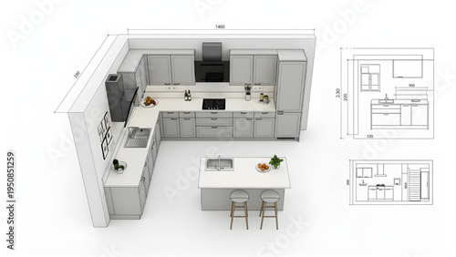 Contemporary Kitchen Layout 3D CAD Top View Floor Plan with Cabinet Elevation Modern Interior Design Blueprint Isolated on White