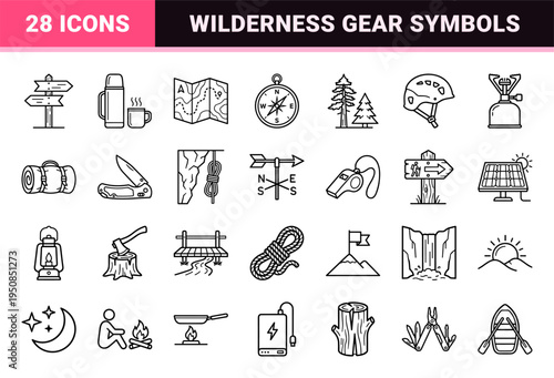 Outdoor Adventure and Hiking Gear Minimalist Monoline Symbols for Wilderness Navigation and Camping Equipment Interface Design