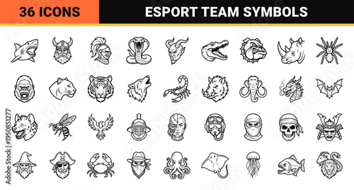 Esport Mascot Symbol Set featuring Animal and Warrior Heads in Minimalist Monoline Vector Art Style for Competitive Gaming Identity