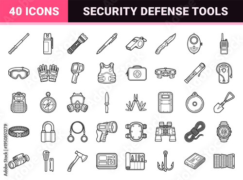 Professional Tactical Defense Equipment Line Art Featuring Minimalist Self-Protection Gear and Security Hardware in Sleek Monoline Aesthetic.