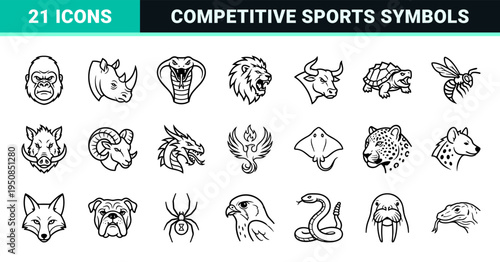 Esports Mascot Animal Head Symbols featuring Minimalist Monoline Aesthetics for Competitive Gaming Branding and Athletic Apparel Design