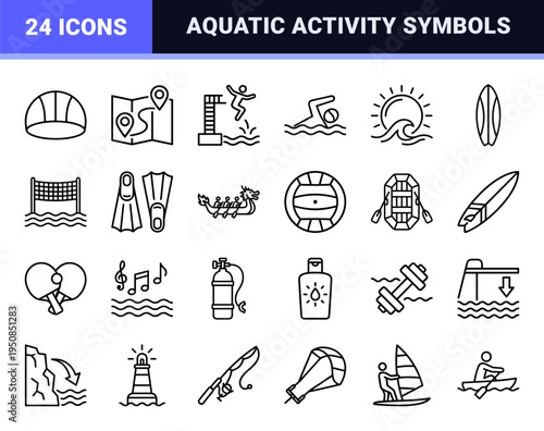 Monoline Water Sports and Aquatic Recreation Outline Symbols Featuring Minimalist Nautical Equipment and Olympic Swimming Disciplines.