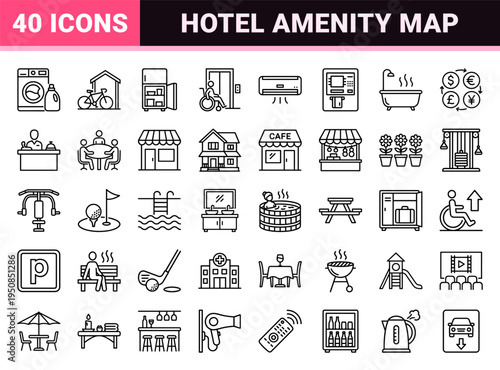 Hospitality and Tourism Amenity Symbols featuring Monoline Technical Outlines for Wayfinding and Digital Interface Design