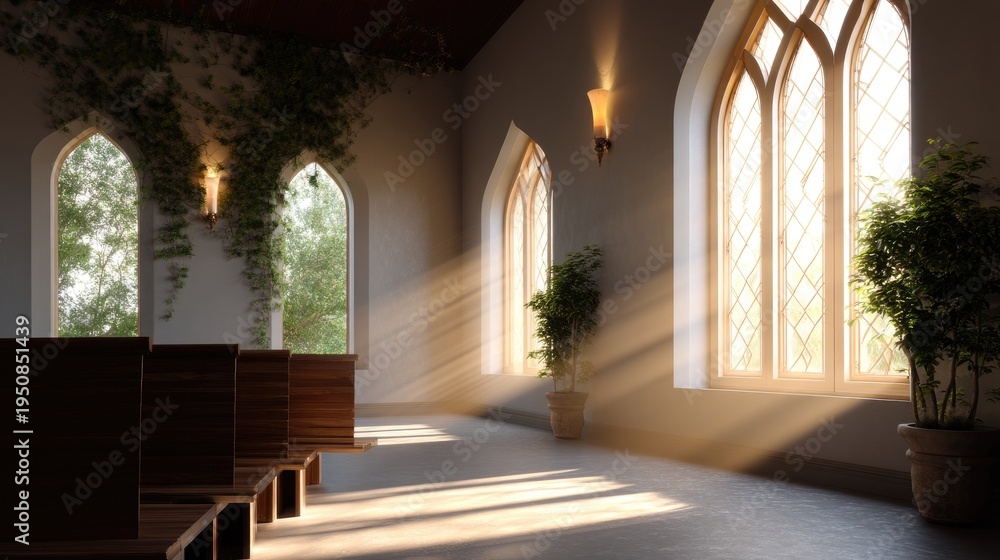 Fototapeta premium Serene Interior of a Bright Chapel with Natural Light and Elegant Windows Surrounded by Lush Greenery