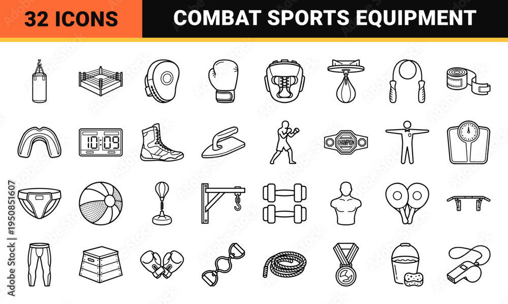 Fototapeta premium Professional Combat Sports and Boxing Equipment Monoline Icons, Sophisticated Minimalist Training Gear Vector Outline Symbols for Athletics
