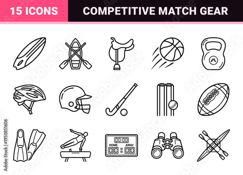 Professional Athletic Equipment Monoline Outlines for Competitive Sports Apps and Physical Education Branding in Minimalist Technical Style