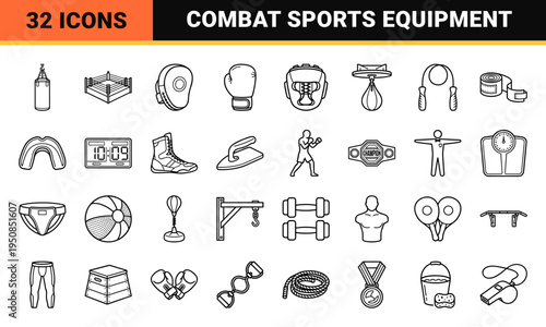 Professional Combat Sports and Boxing Equipment Monoline Icons, Sophisticated Minimalist Training Gear Vector Outline Symbols for Athletics