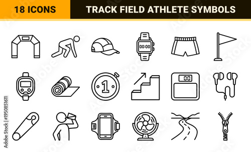 Professional Marathon Athletics and Running Training Monoline Outline Symbols Featuring Minimalist Sportswear and Track Field Equipment Details.