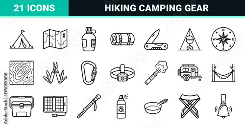 Hiking and Outdoor Adventure Monoline Outline Symbols Featuring Minimalist Trekking Gear, Camping Essentials, and Wilderness Navigation Elements.