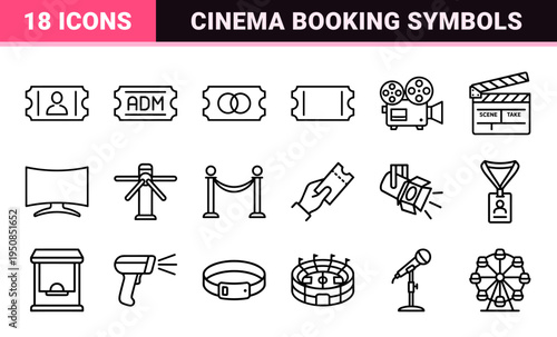 Cinema and Event Admission Monoline Outlines for Digital Booking Interfaces and Physical Ticketing Systems in a Clean Minimalist Style