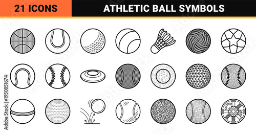 Professional Athletic Ball Equipment Monoline Outline Symbols Featuring Minimalist Linear Design for Sports Interface and Digital Media Projects.
